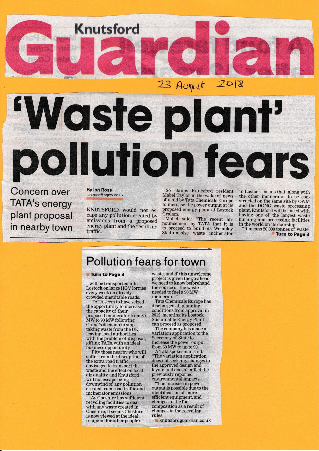 Knutsford Guardian TATA Waste story August 2018